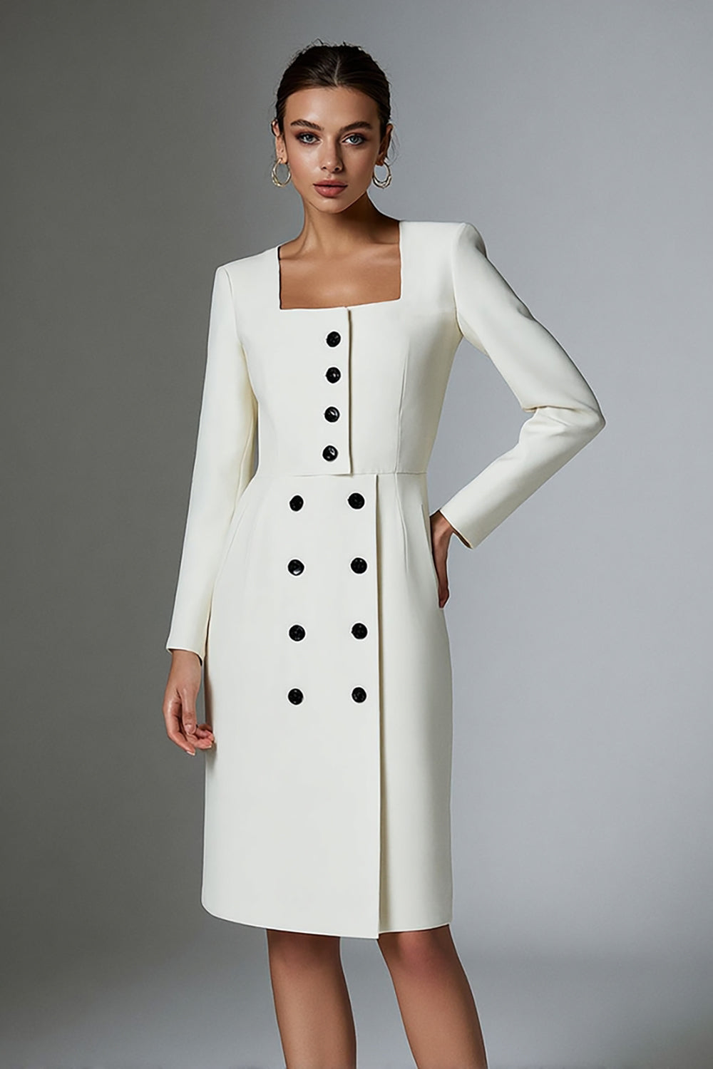 Ivory Satin Square Neck Short Pencil Blazer Dress with Sleeves