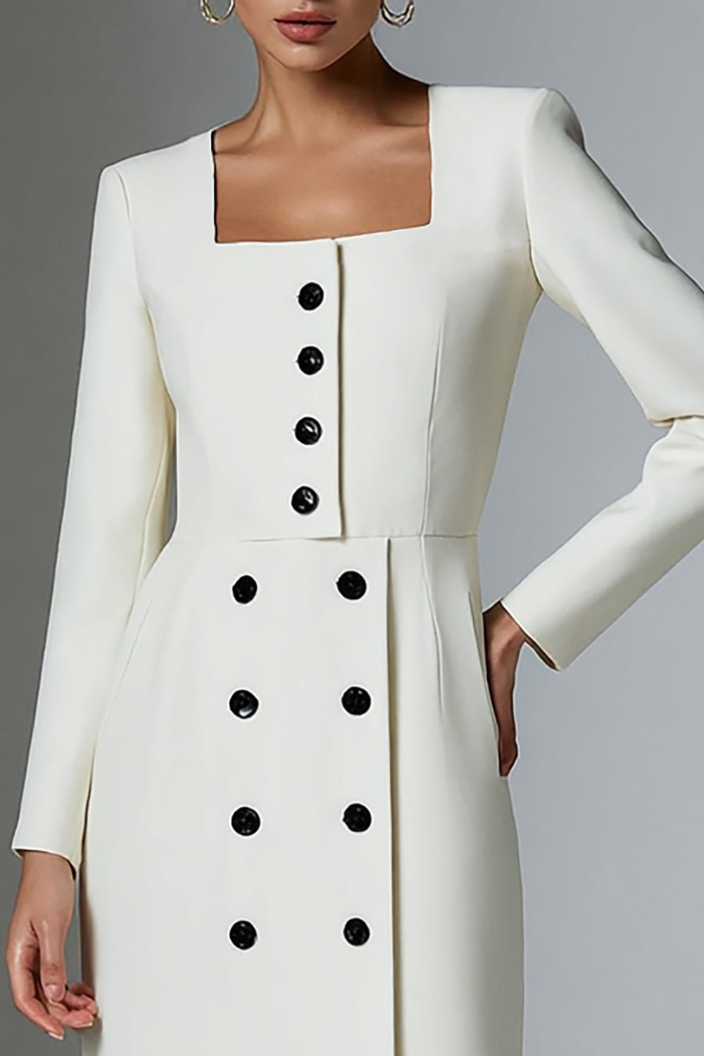Ivory Satin Square Neck Short Pencil Blazer Dress with Sleeves