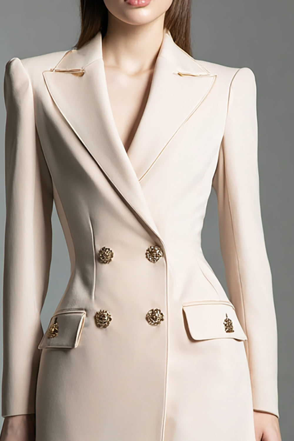 Champagne Peak Lapel Satin Short Blazer Dress with Long Sleeves