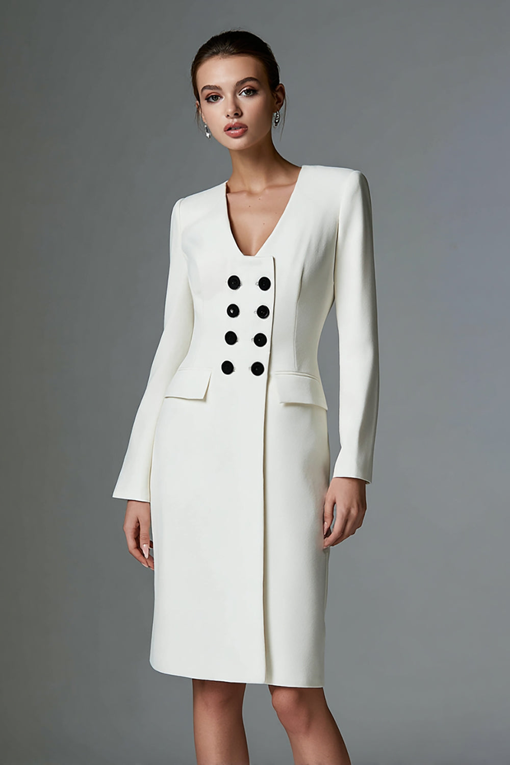 Ivory Pencil Double Breasted Satin Short Blazer Dress with Sleeves