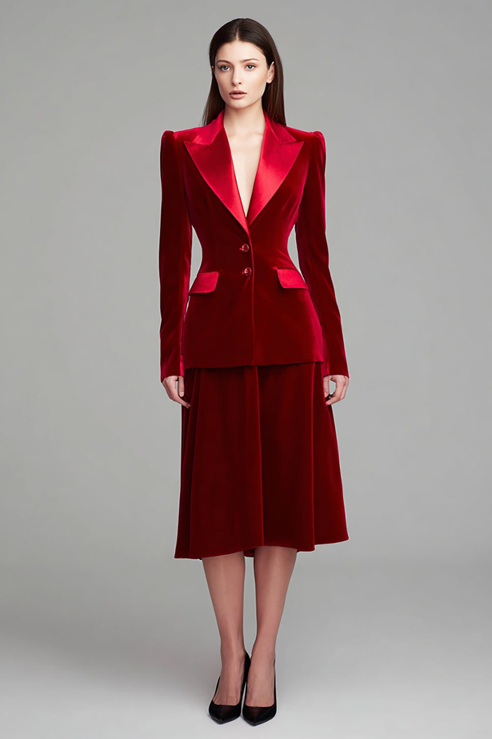 2 Piece Burgundy Peak Lapel Velvet Midi Business Suits with Sleeves