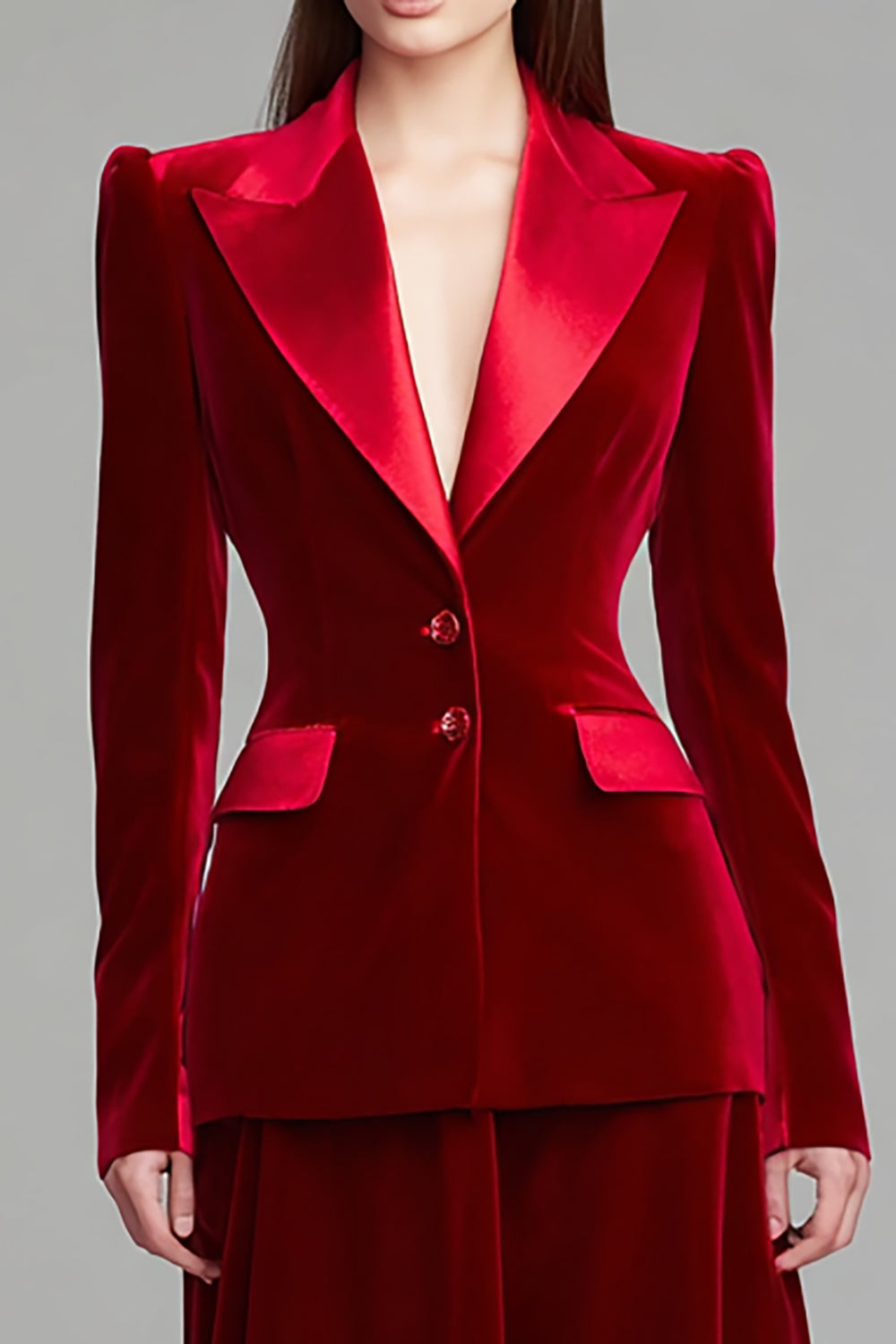 2 Piece Burgundy Peak Lapel Velvet Midi Business Suits with Sleeves