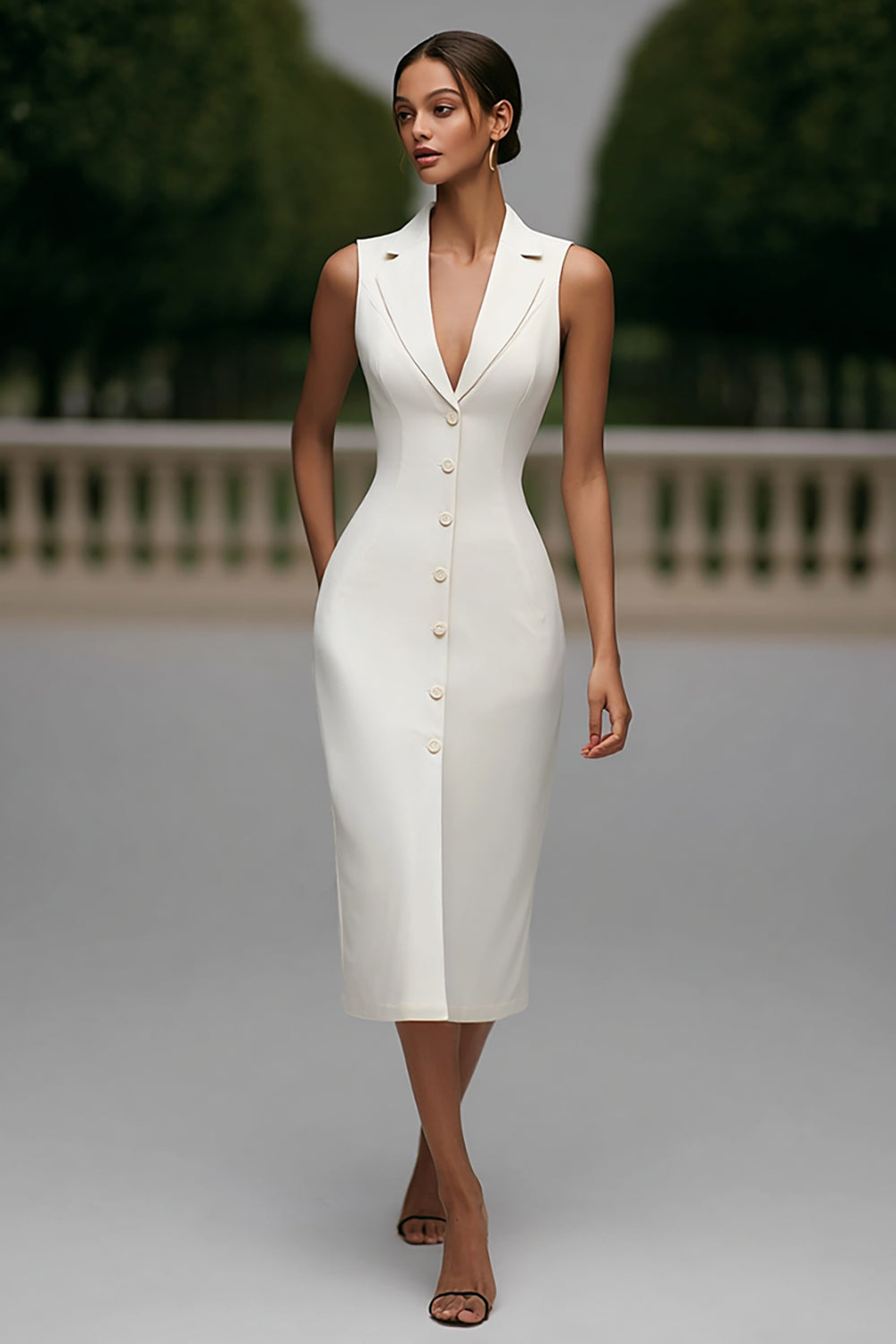 Ivory Satin Notched Lapel Single Breasted Midi Blazer Dress with Pockets