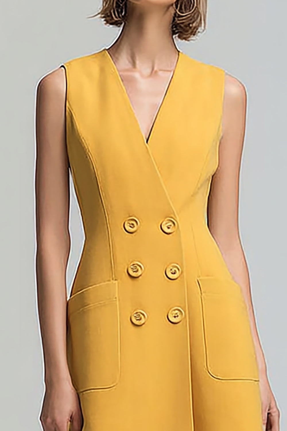 Yellow Satin V-Neck Double Breasted Midi Blazer Dress
