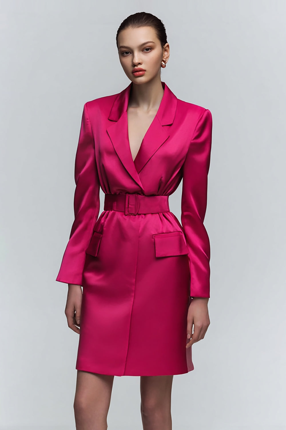 Fuchsia Satin Notched Lapel Short Blazer Dress with Belts