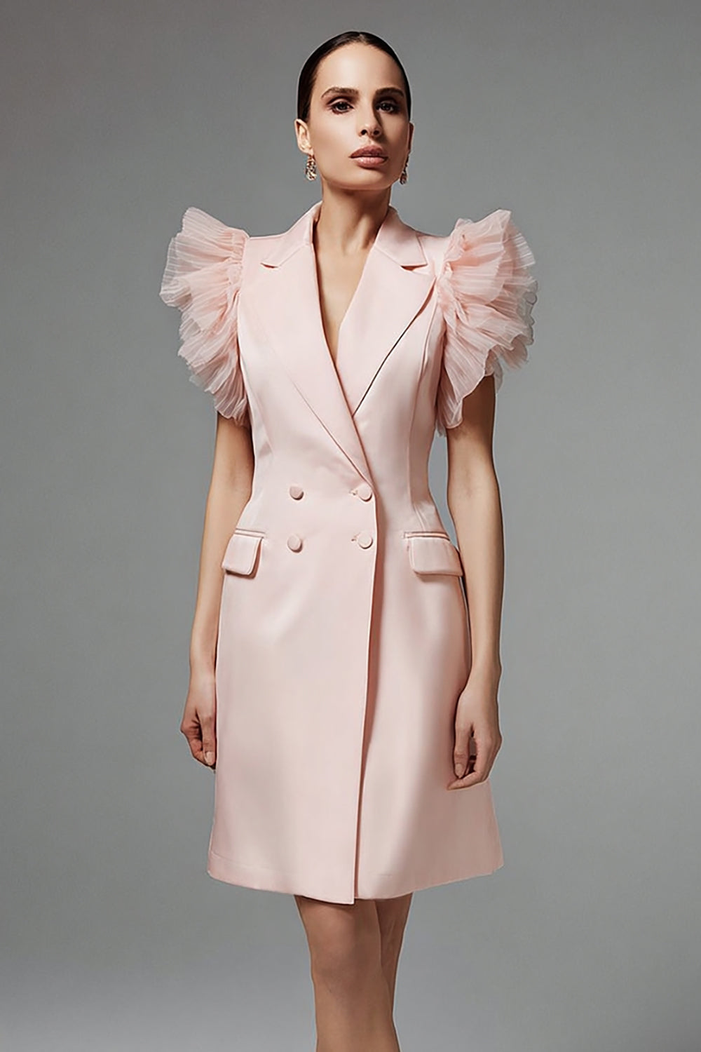Double Breasted Pink Notched Lapel Short Blazer Dress with Ruffles