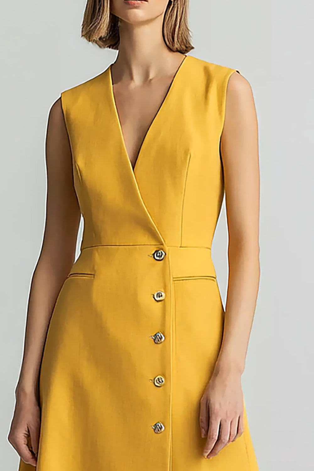 V-Neck Yellow Single Breasted A Line Midi Blazer Dress