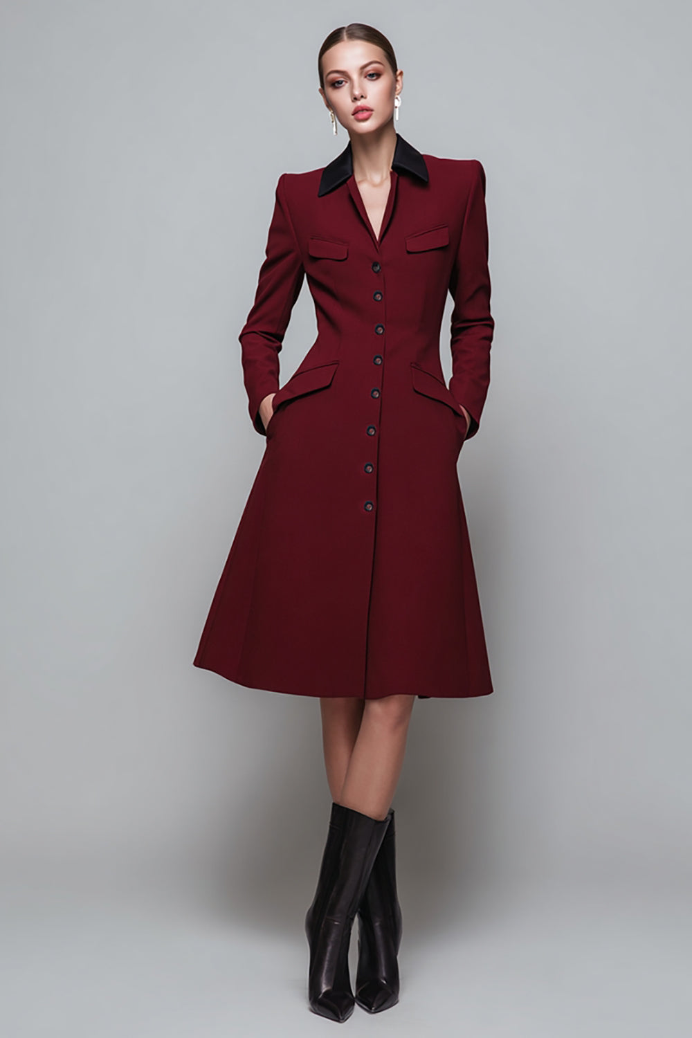 Dark Red A Line Collar Midi Blazer Dress with Pockets
