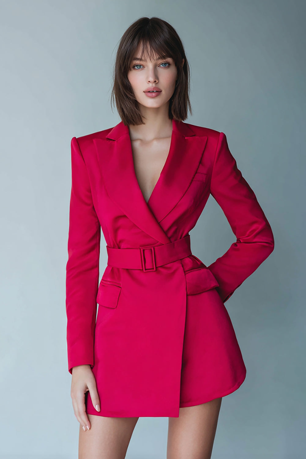 Fuchsia Pencil Satin Peak Lapel Short Blazer Dress with Belt