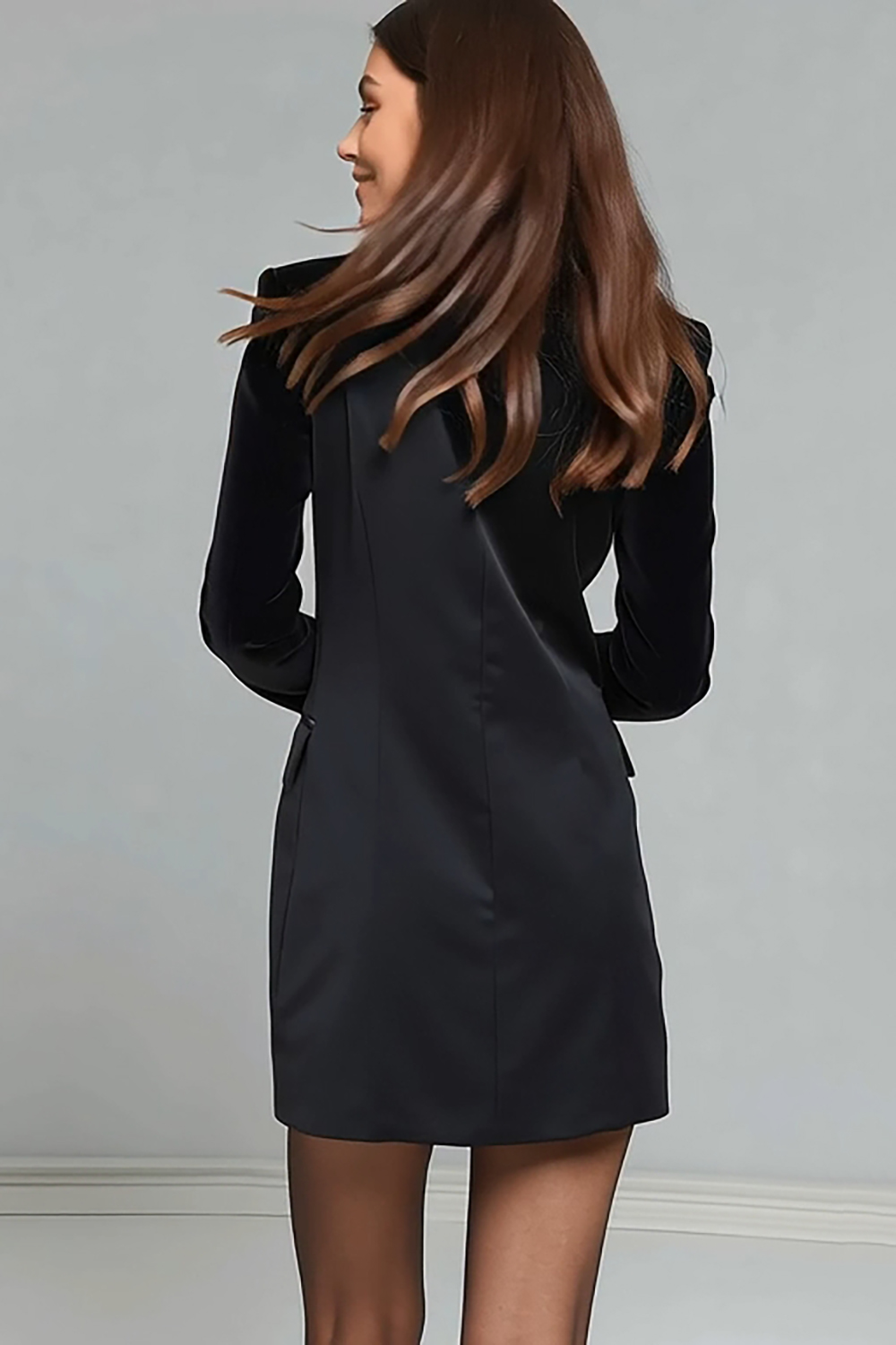 Black Satin Peak Lapel Short Blazer Dress with Sleeves