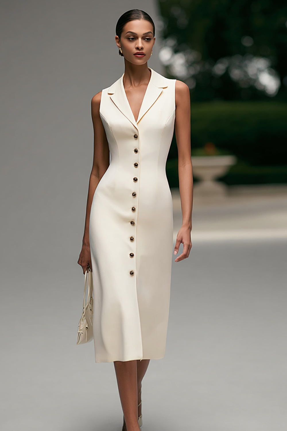 Ivory Pencil Notched Lapel Midi Single Breasted Blazer Dress
