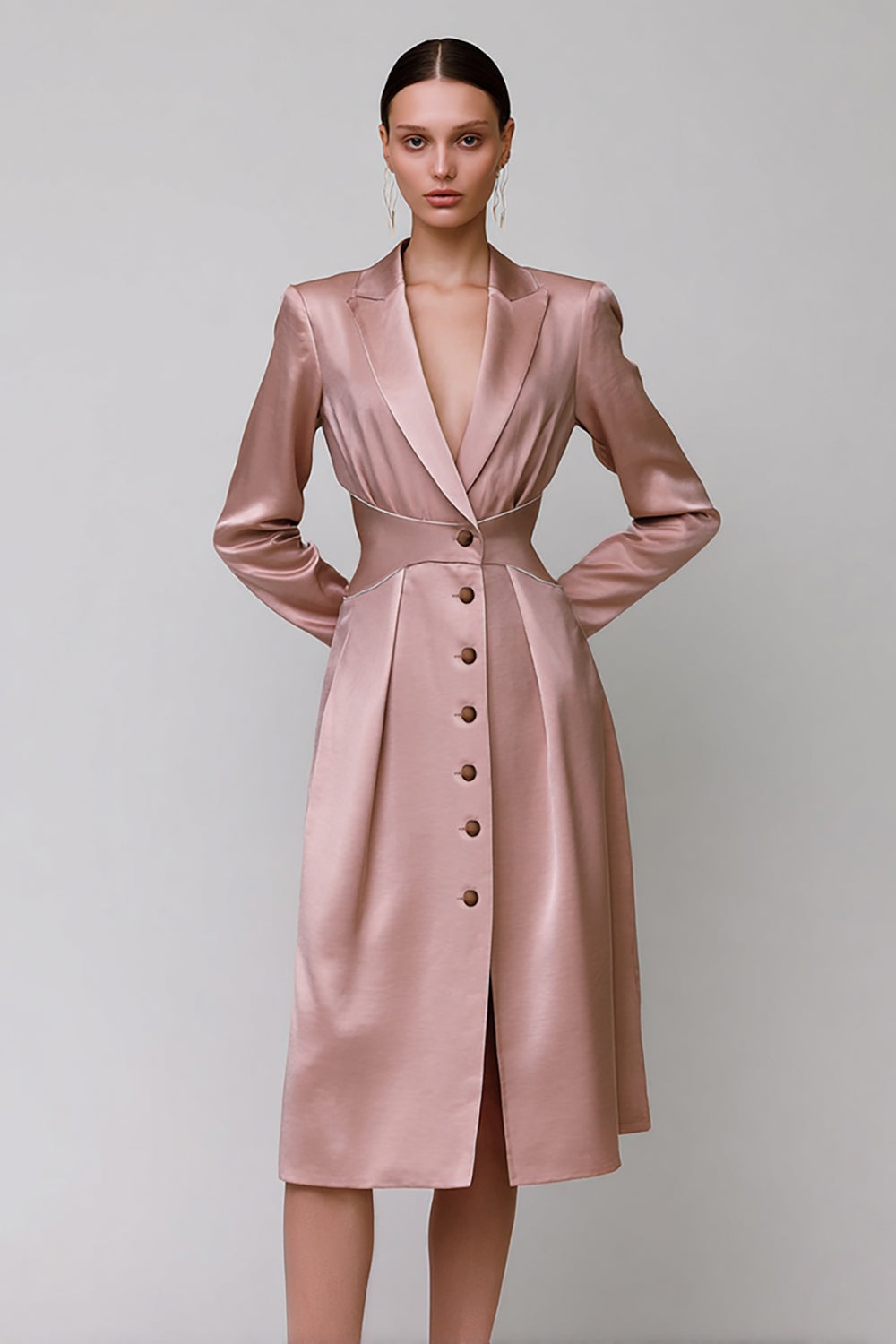 Dusty Rose Peak Lapel Single Breasted Midi Blazer Dress with Sleeves