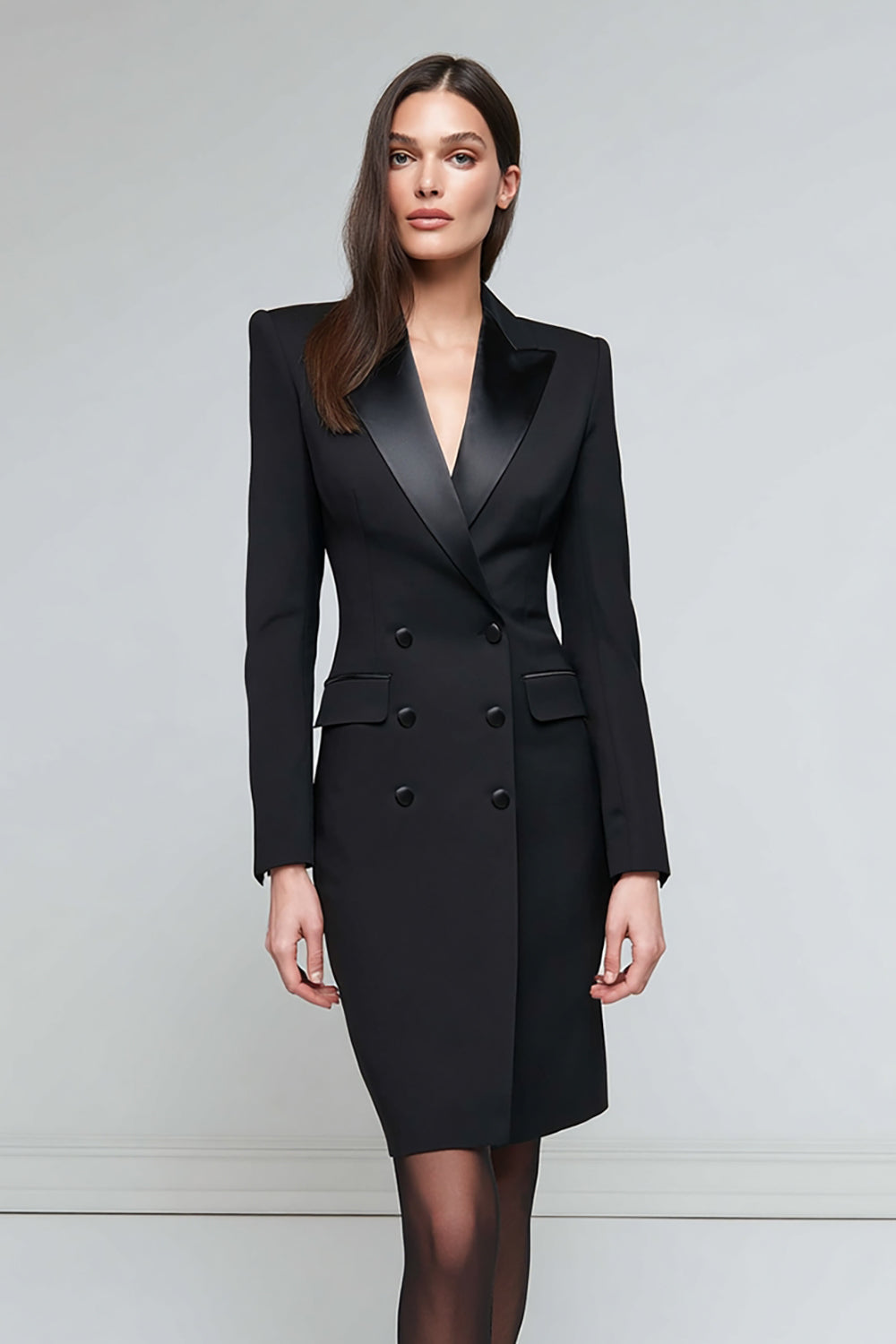 Black Peak Lapel Satin Pencil Short Blazer Dress with Sleeves