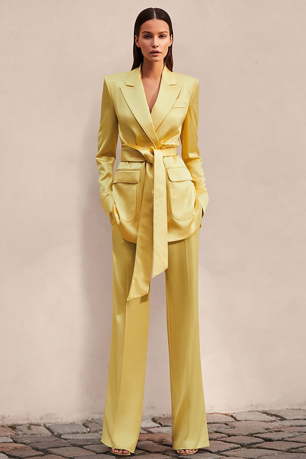 Daffodil 2 Piece Long Sleeves Satin Business Suits with Sash