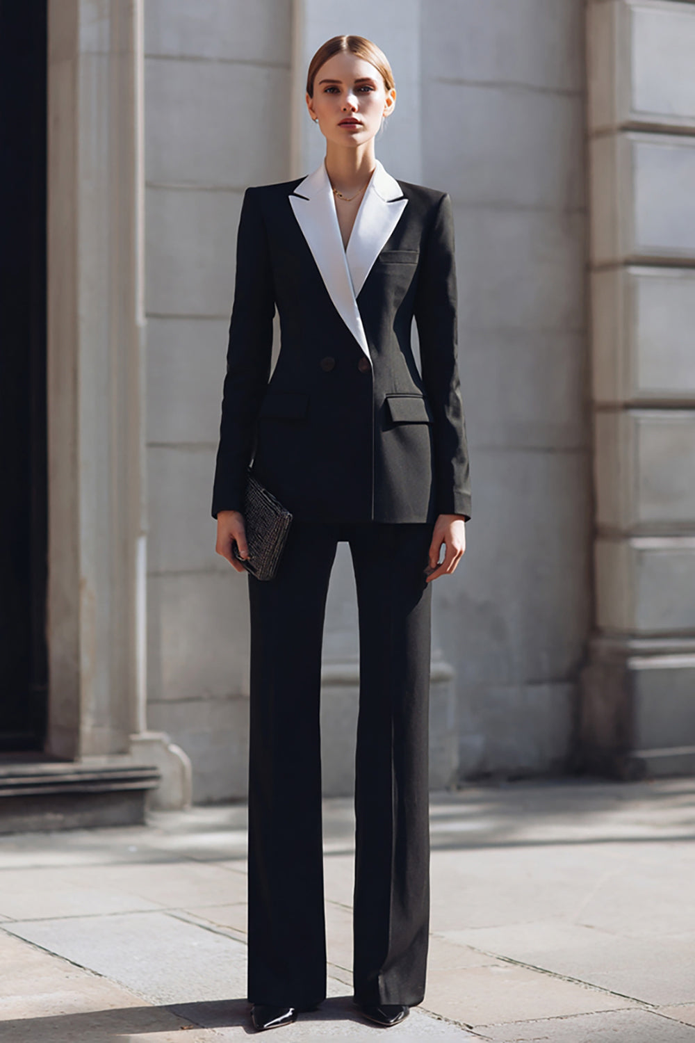 2 Piece Black Notched Lapel Double Breasted Business Suits with Sleeves