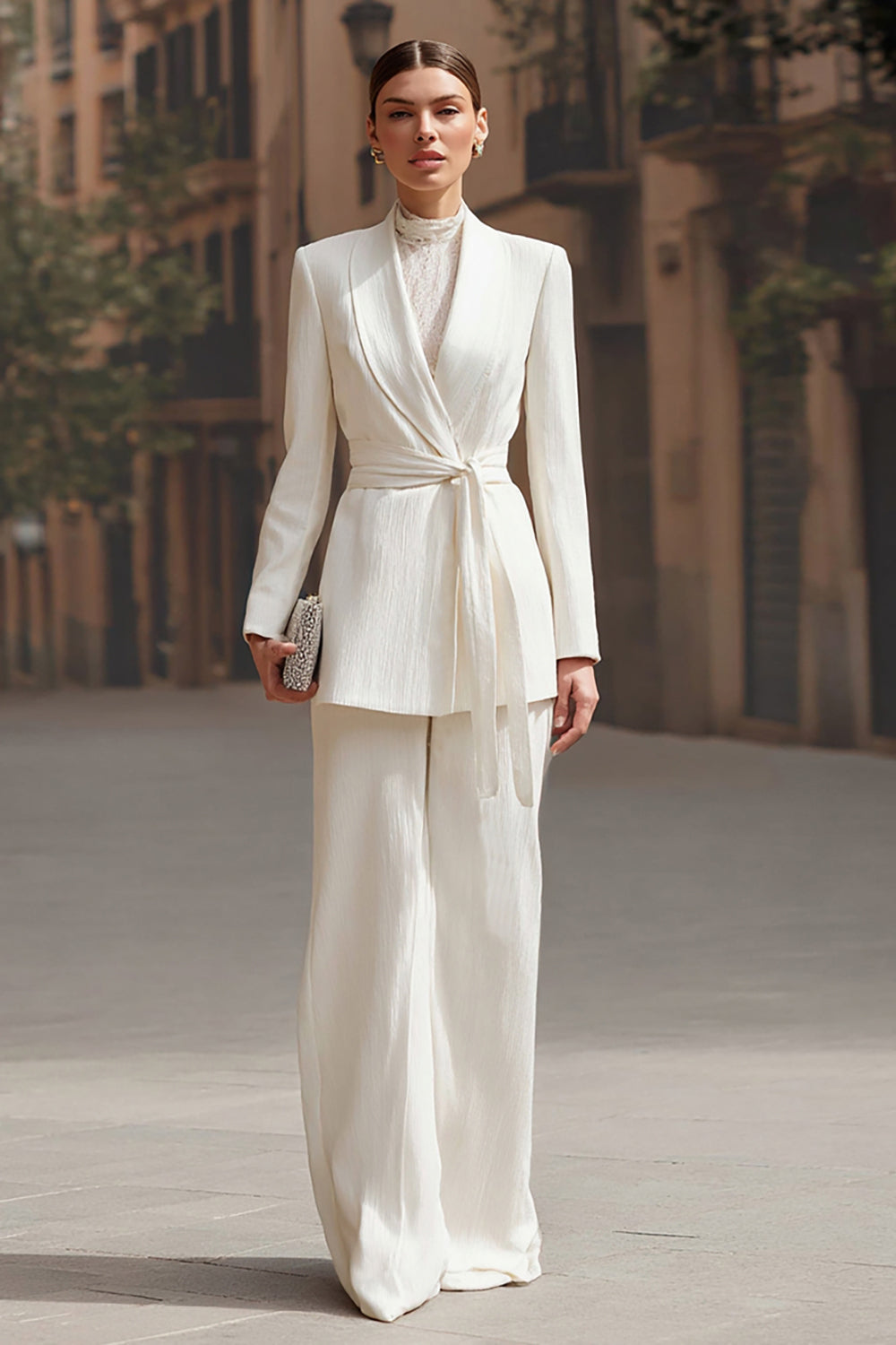 2 Piece Ivory Shawl Lapel Wide Leg Business Suits with Sash