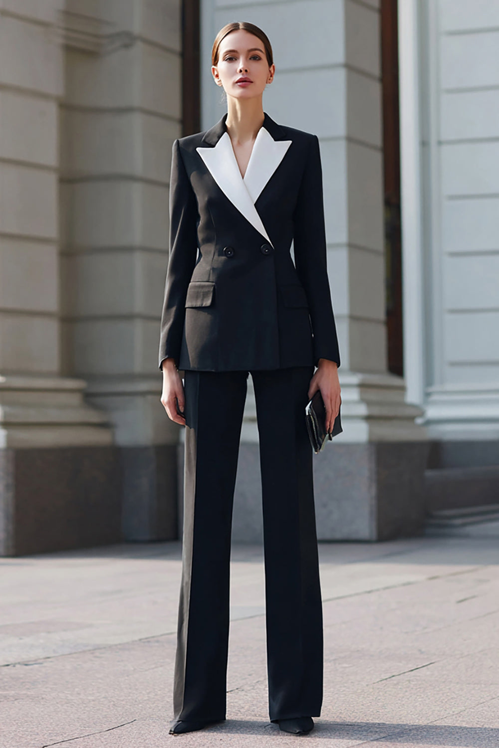 Black Double Breasted 2 Piece Long Sleeves Business Suits
