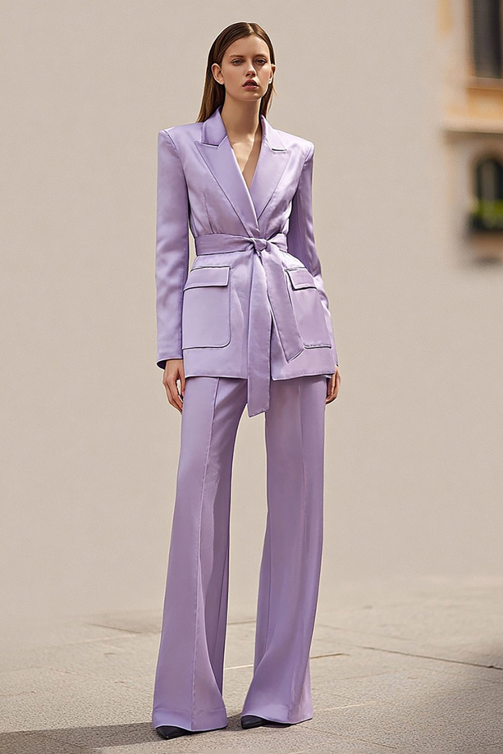 2 Piece Lilac Peak Lapel Long Sleeves Business Suits with Sash