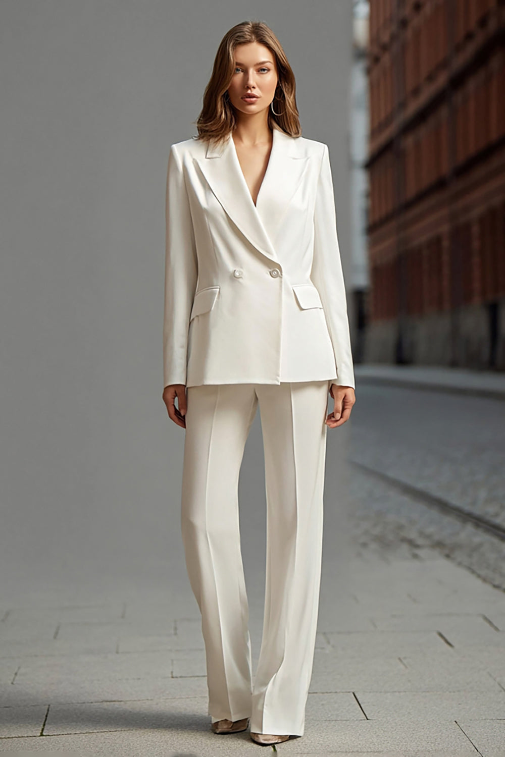 2 Piece Ivory Double Breasted Peak Lapel Business Suits with Sleeves