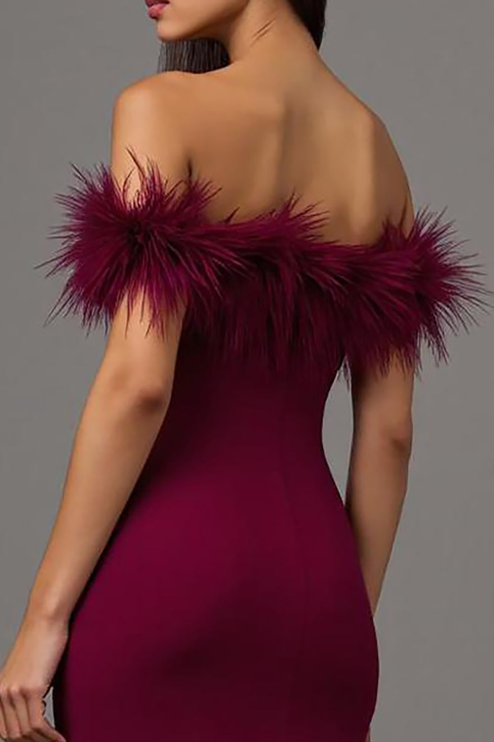 Burgundy Sheath Off the Shoulder Long Formal Dress with Feathers