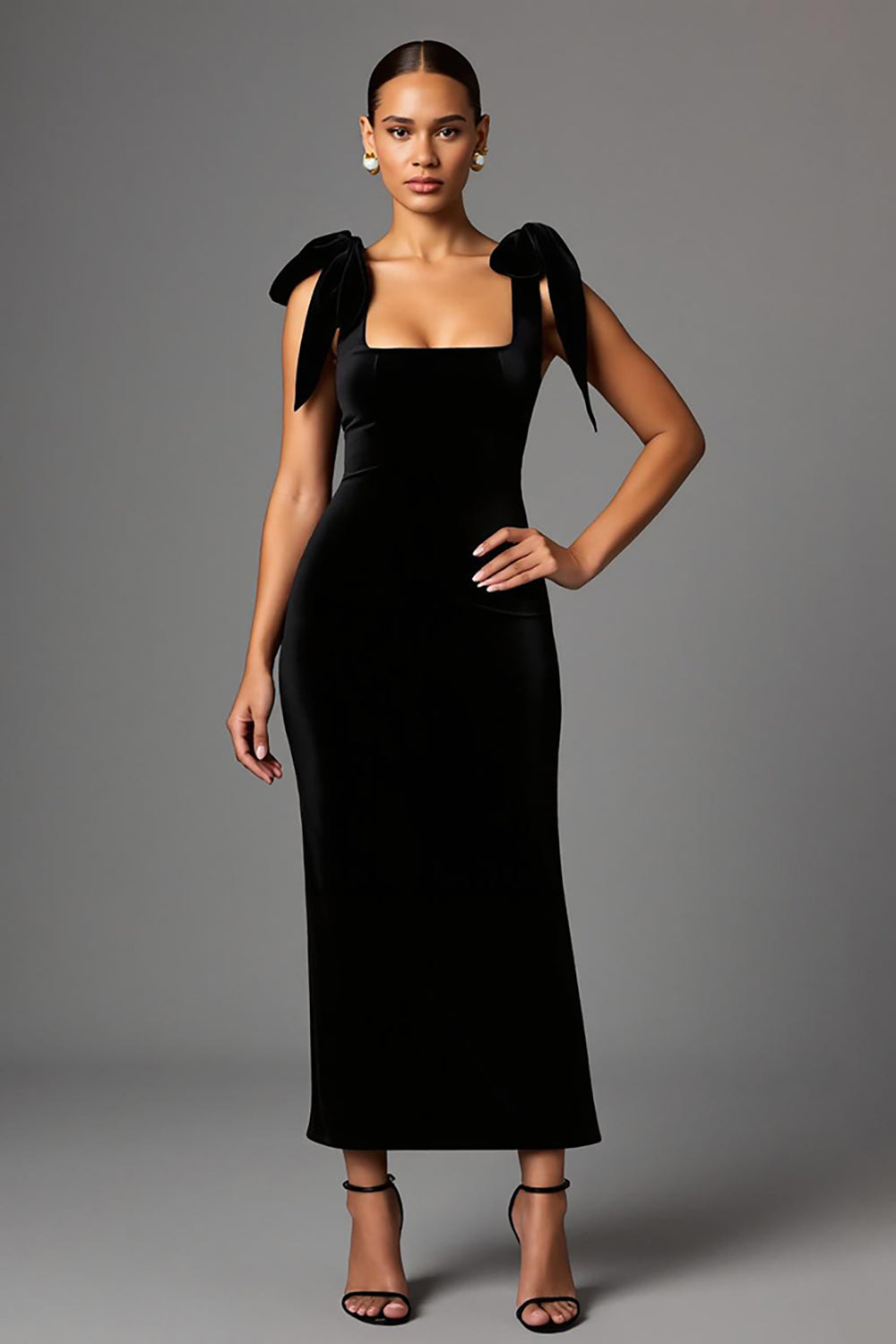 Black Sheath Square Neck Satin Long Formal Dress