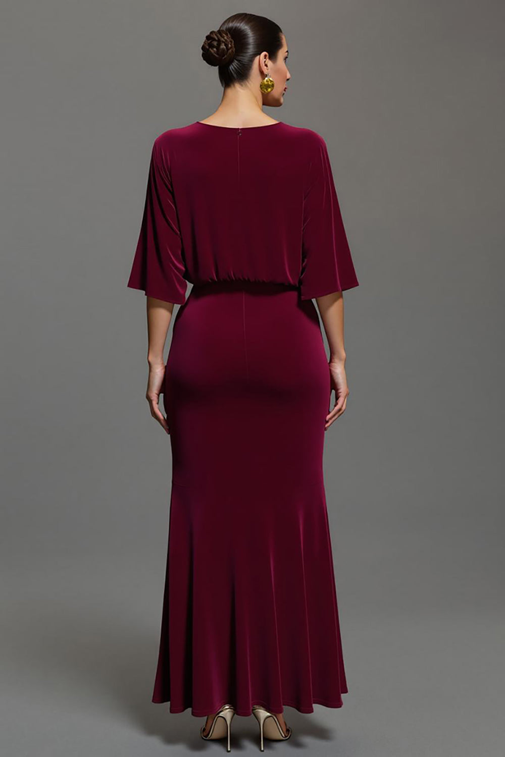 Velvet Burgundy V-Neck Long Holiday Party Dress with Sleeves