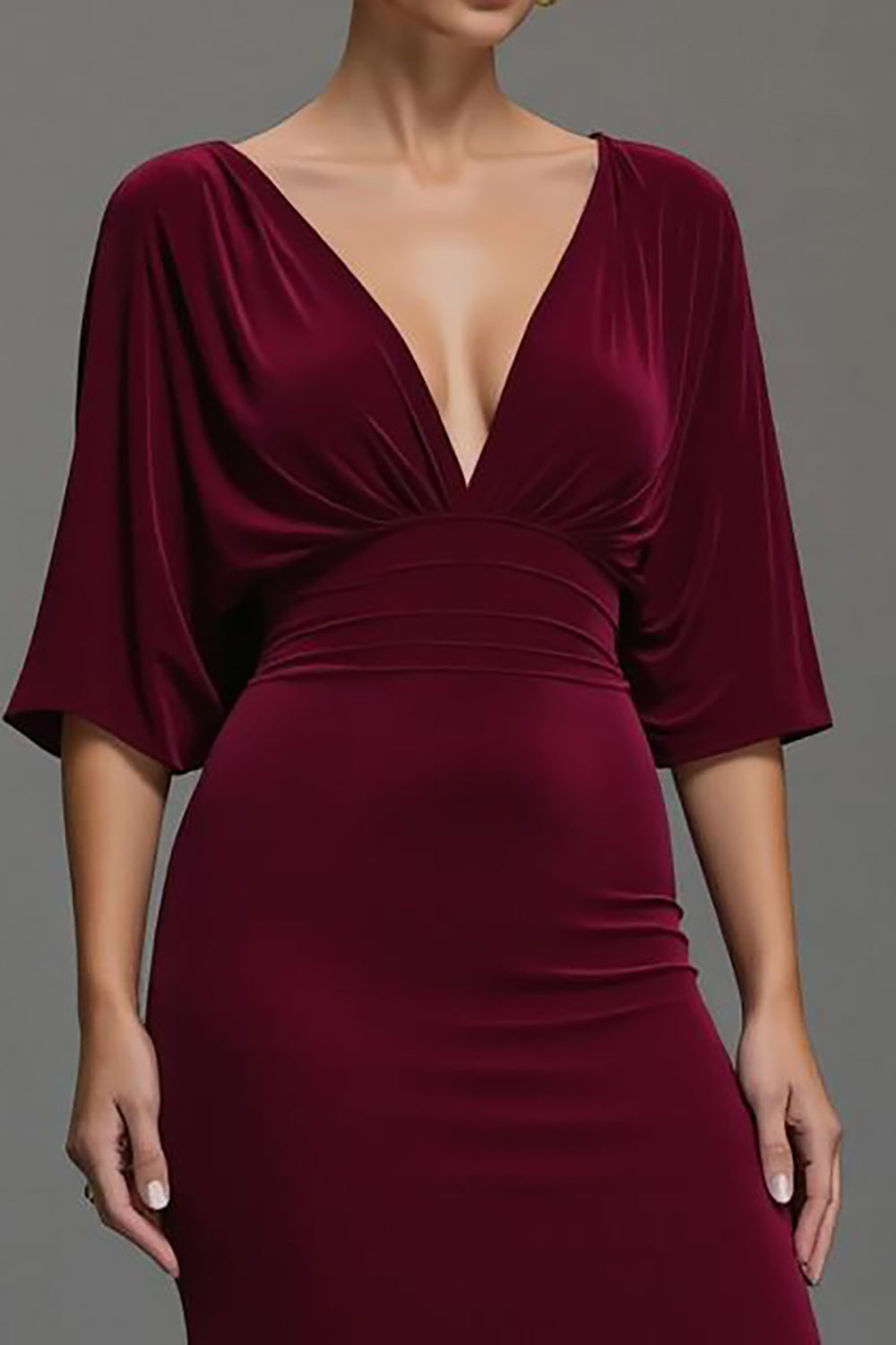 Velvet Burgundy V-Neck Long Holiday Party Dress with Sleeves