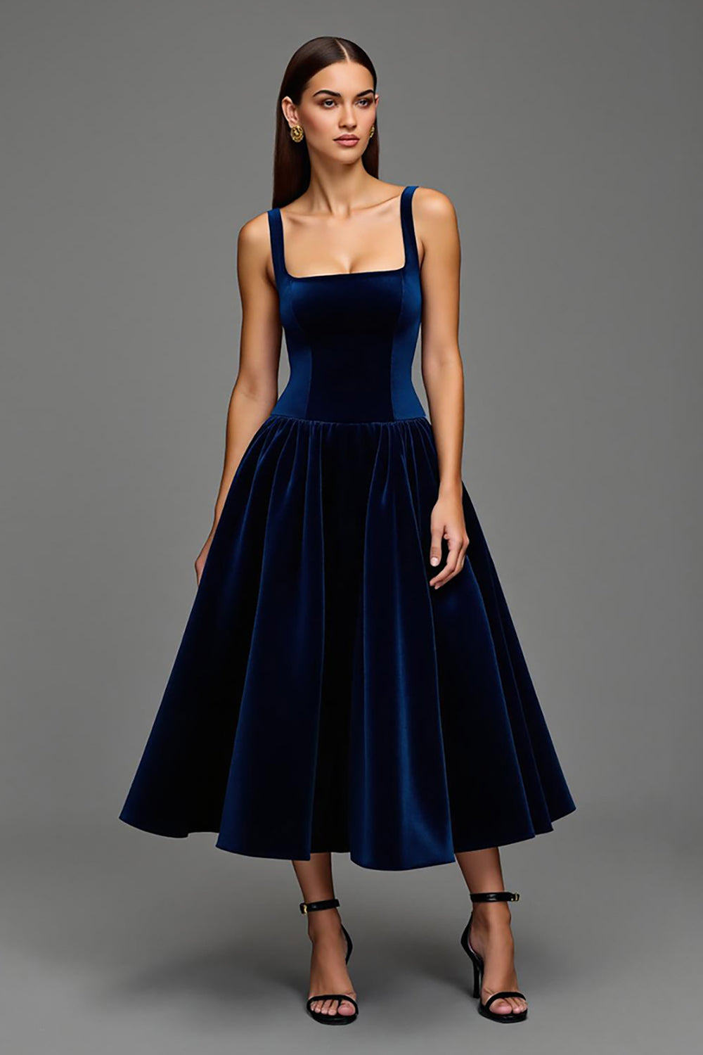 Navy Velvet A Line Square Neck Long Holiday Party Dress