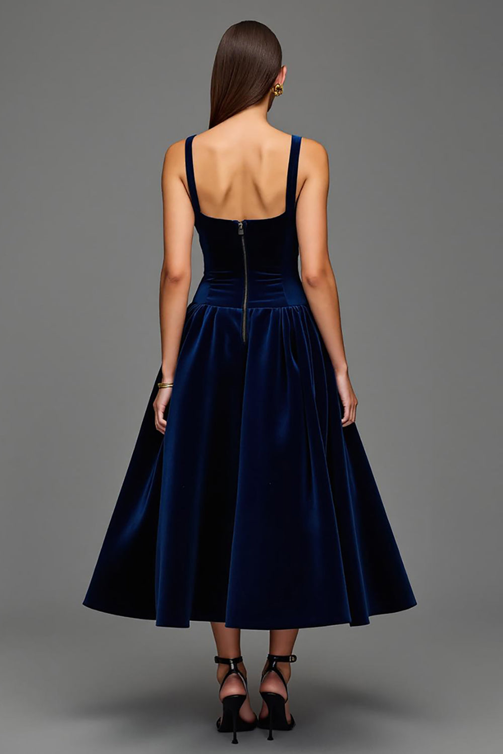 Navy Velvet A Line Square Neck Long Holiday Party Dress