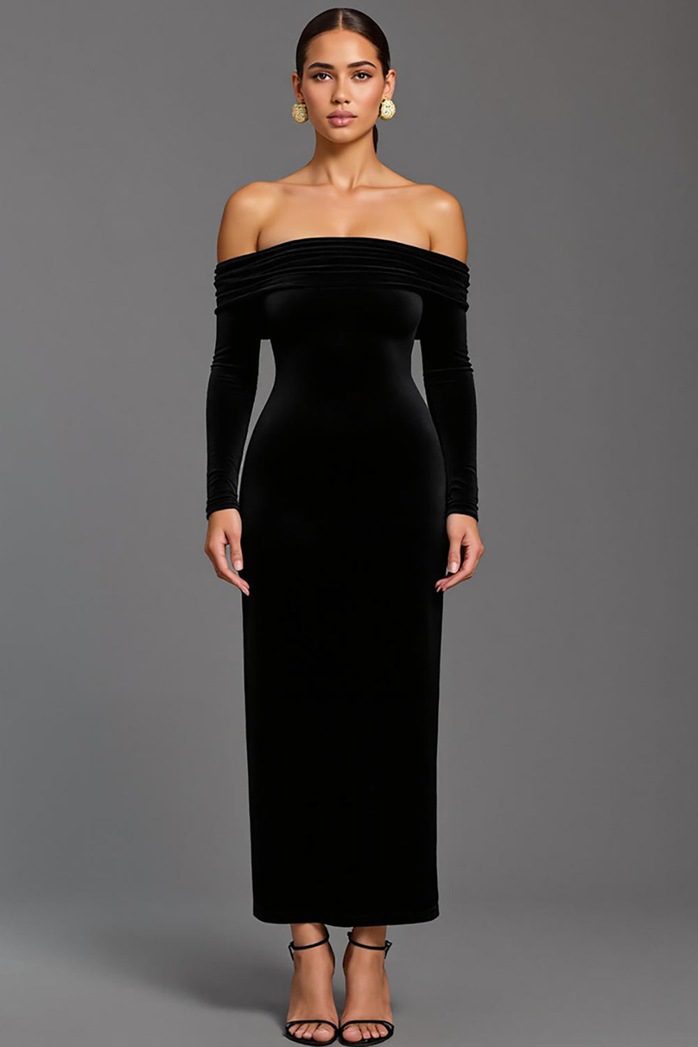 Black Sheath Velvet Off the Shoulder Long Holiday Party Dress