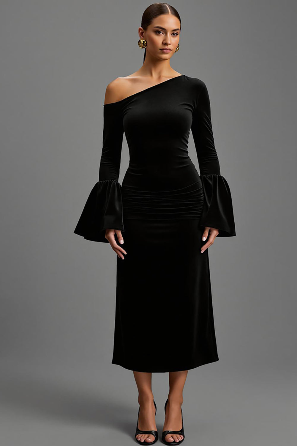 Black Velvet One Shoulder Sheath Long Holiday Party Dress