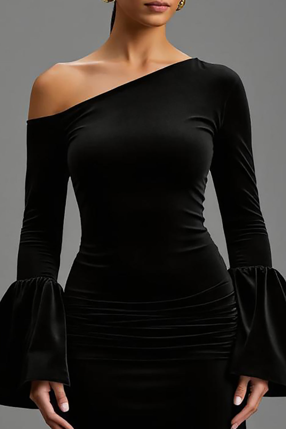 Black Velvet One Shoulder Sheath Long Holiday Party Dress