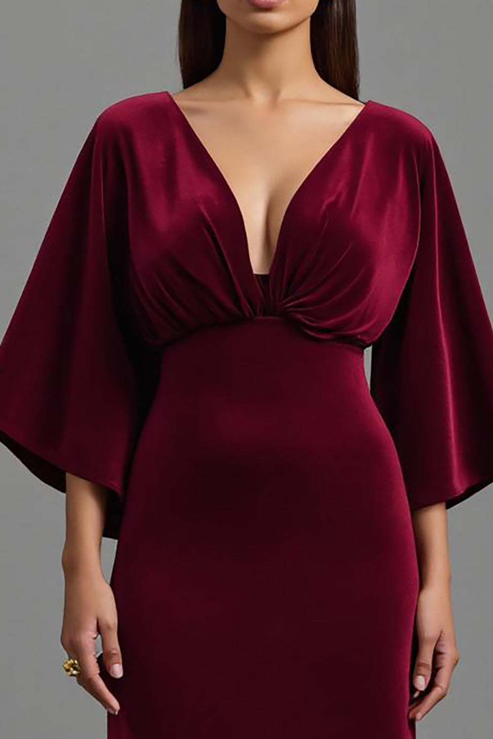 Burgundy Velvet V-Neck Sheath Long Holiday Party Dress with Sleeves