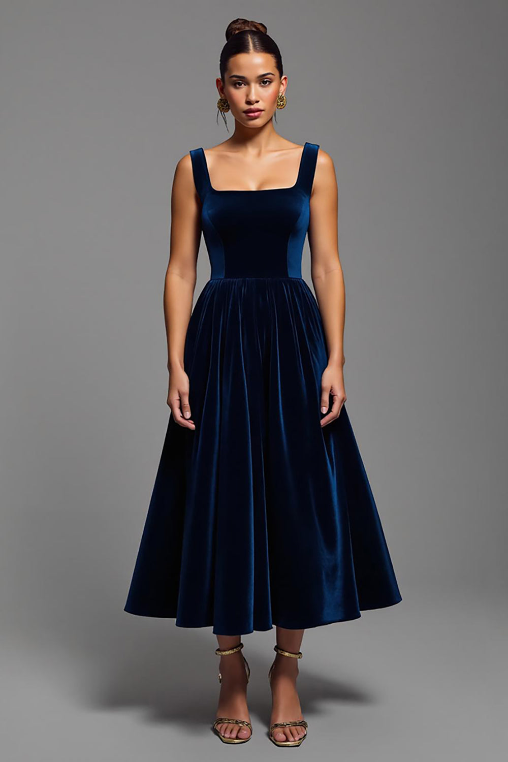Navy Velvet Square Neck A Line Long Holiday Party Dress