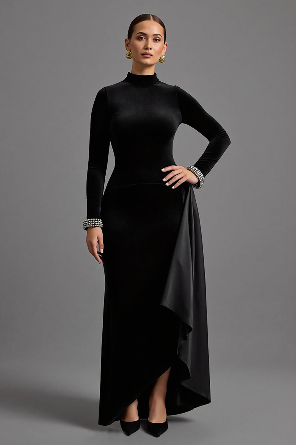 Black Velvet High Neck Long Holiday Party Dress with Sleeves