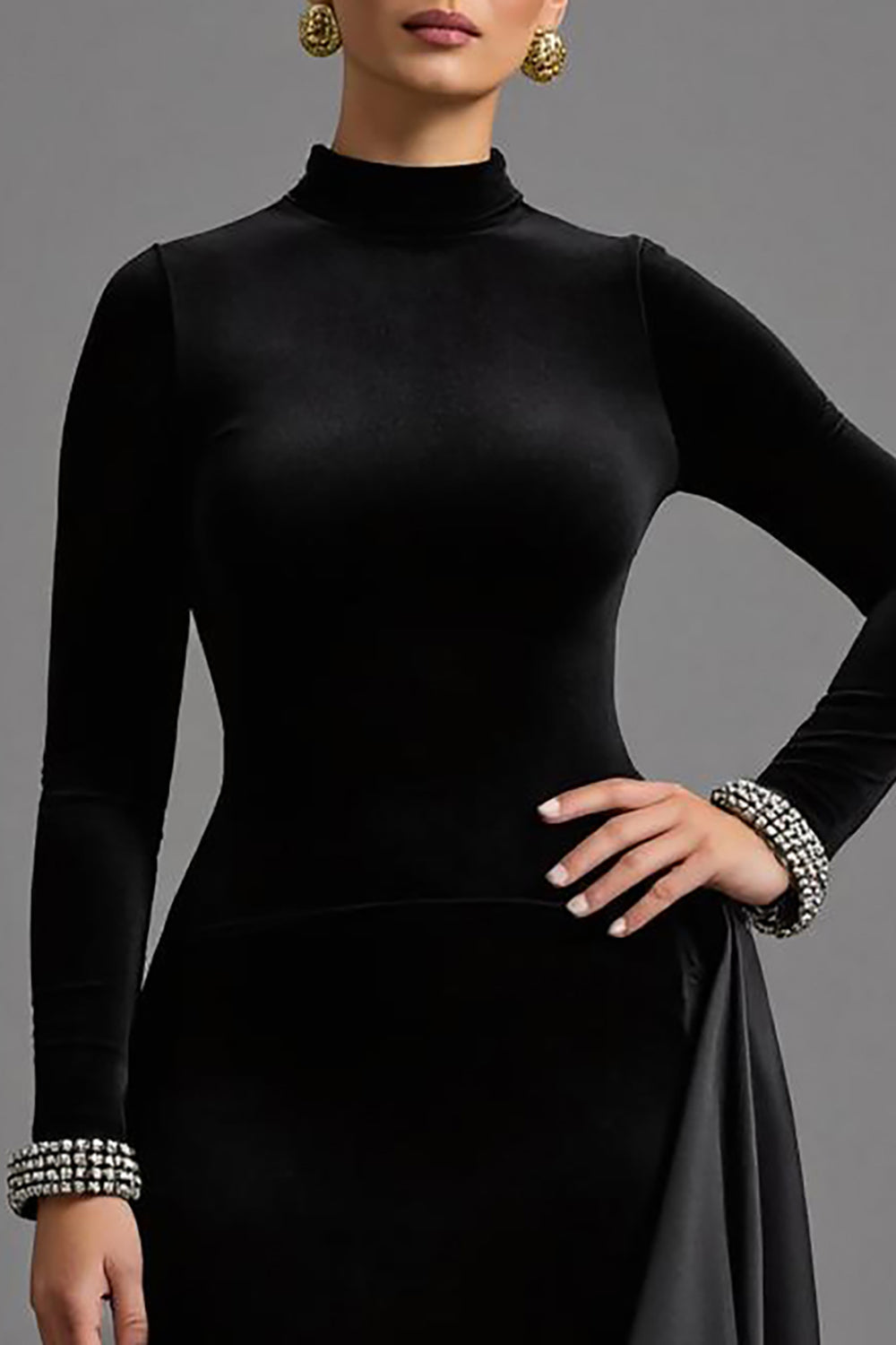 Black Velvet High Neck Long Holiday Party Dress with Sleeves
