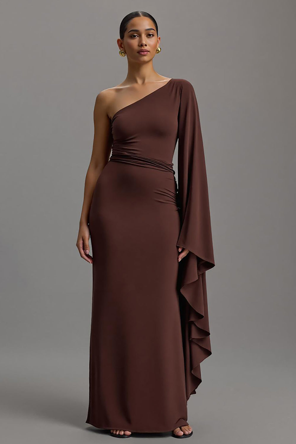 Coffee Sheath Asymmetrical One Shoulder Long Formal Dress with Sleeves