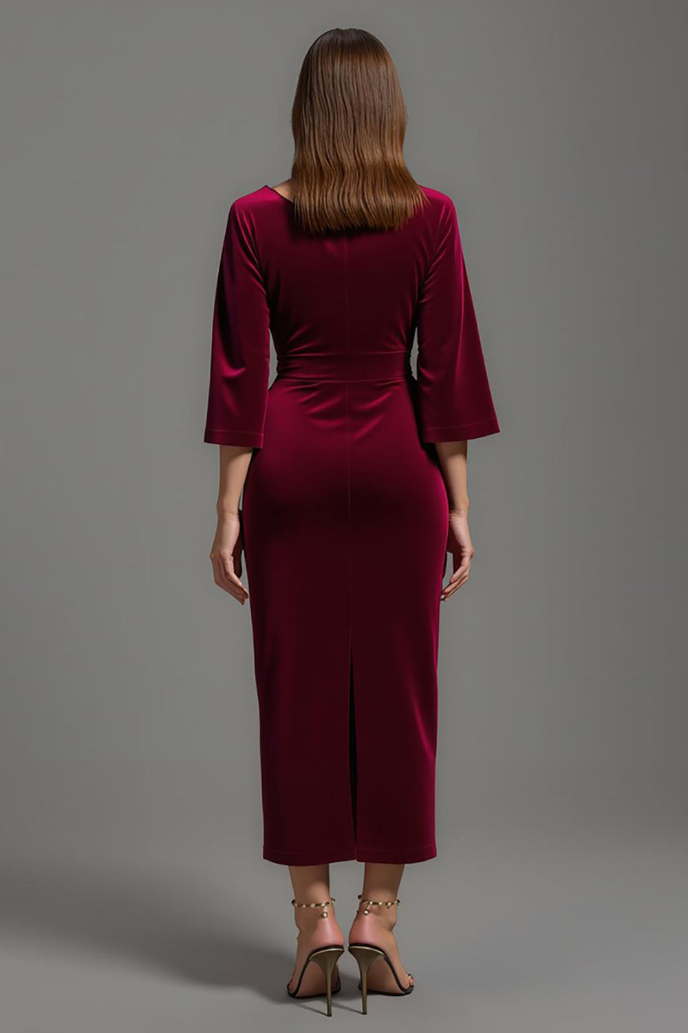 Burgundy Velvet V-Neck Long Holiday Party Dress with Sleeves