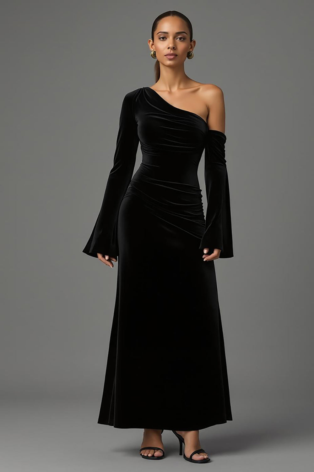 Black Velvet One Shoulder Long Sleeves Holiday Party Dress