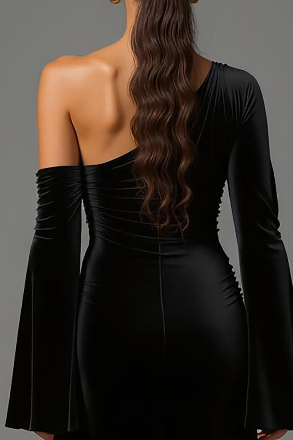 Black Velvet One Shoulder Long Sleeves Holiday Party Dress
