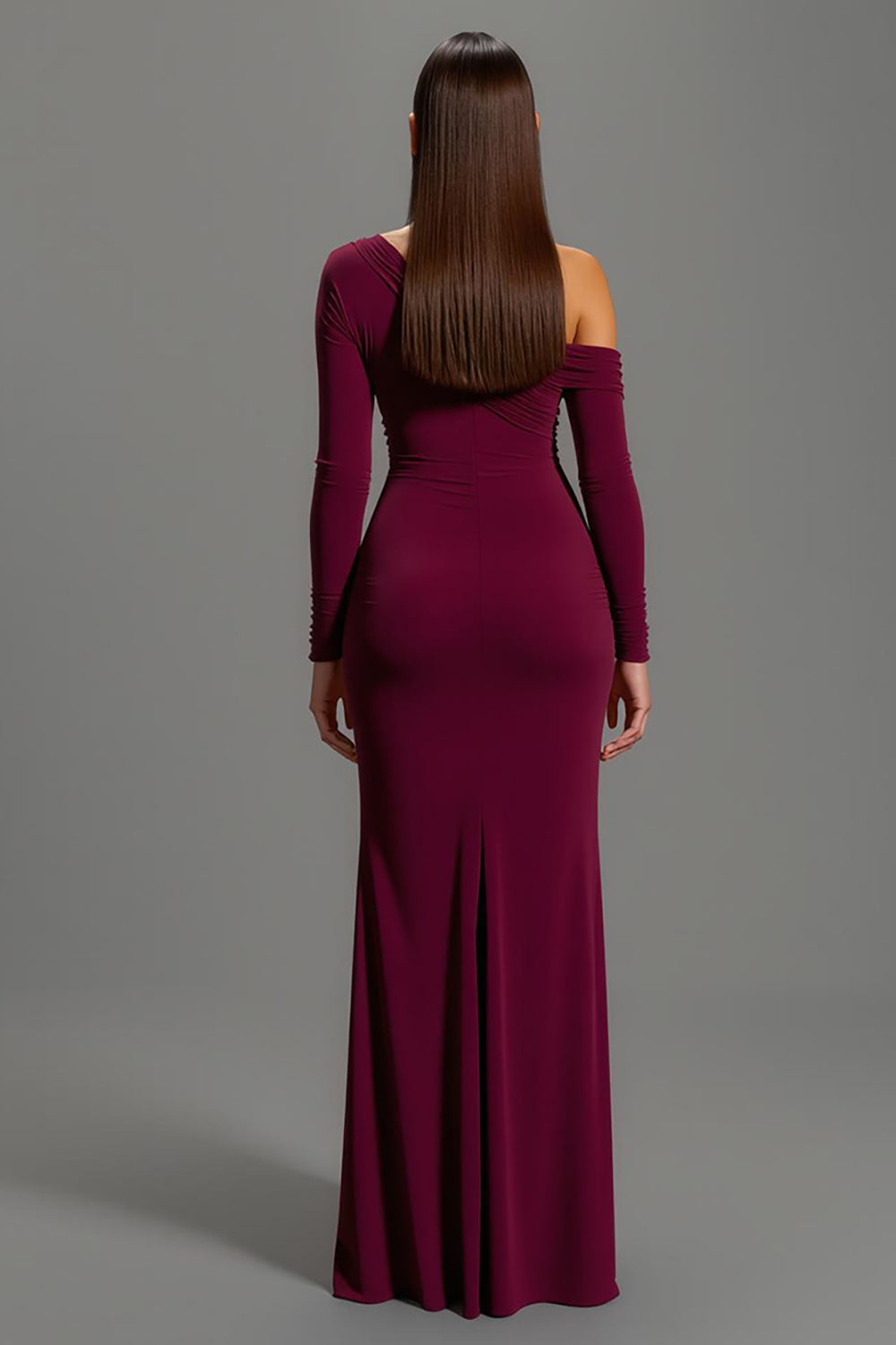 Burgundy Satin One Shoulder Long Sleeves Formal Dress
