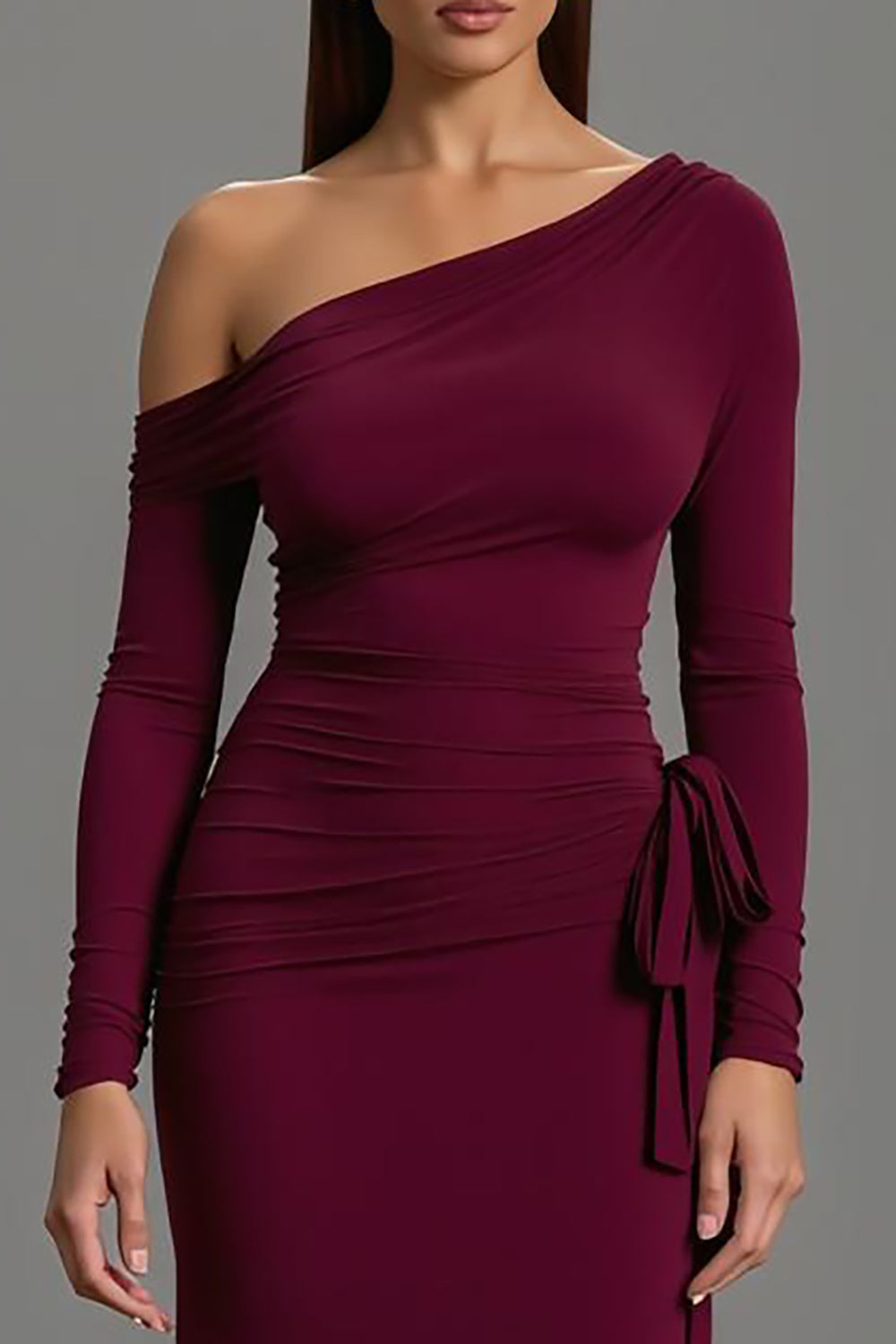 Burgundy Satin One Shoulder Long Sleeves Formal Dress