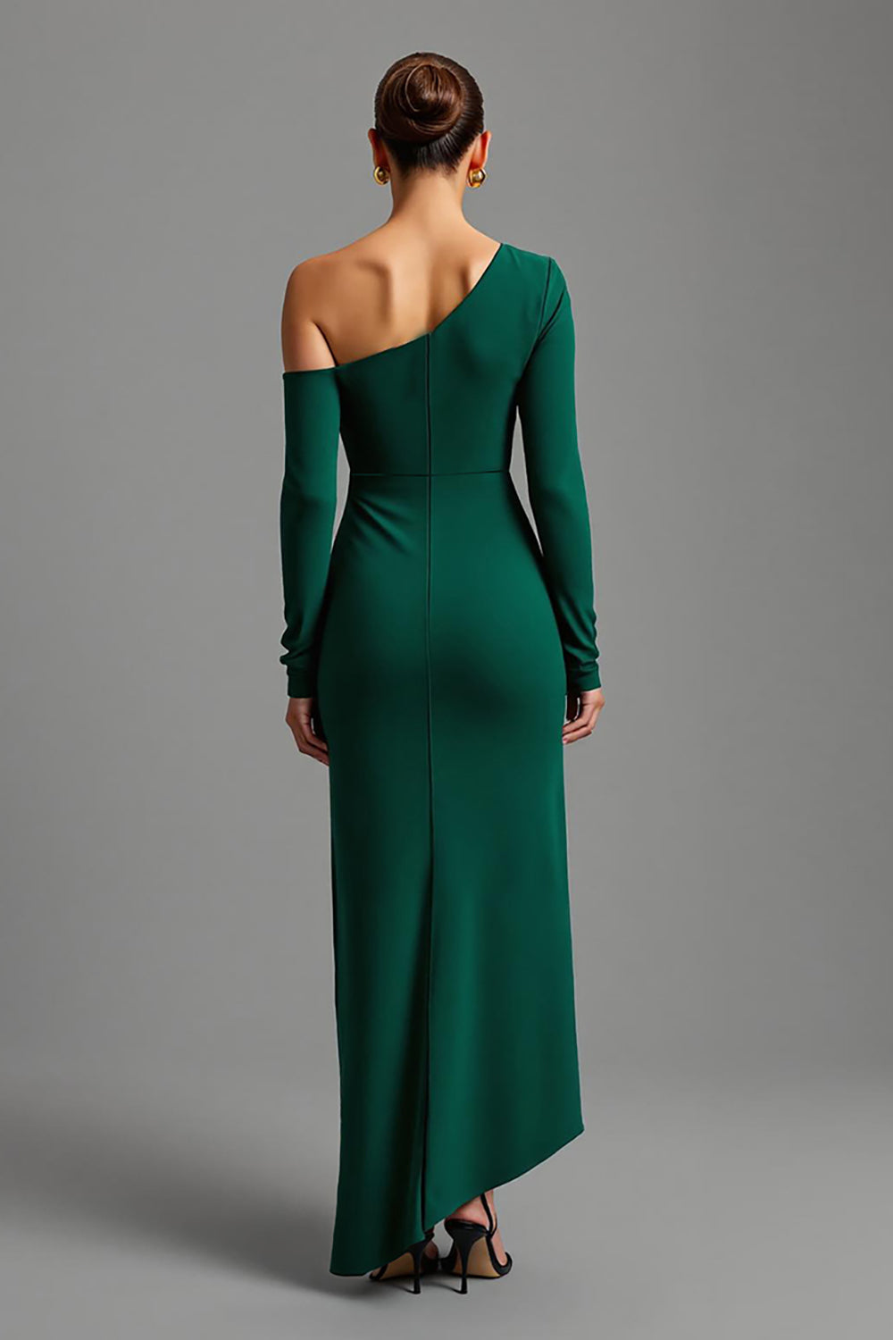 Dark Green Satin One Shoulder Asymmetrical Long Formal Dress