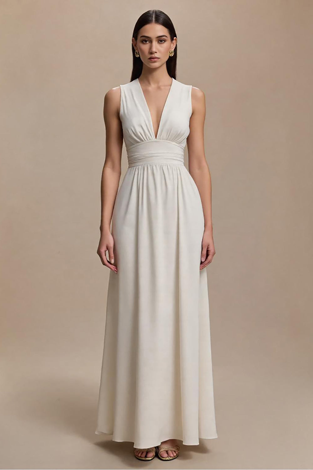 Simple Ivory A-Line V-Neck Long Formal Dress