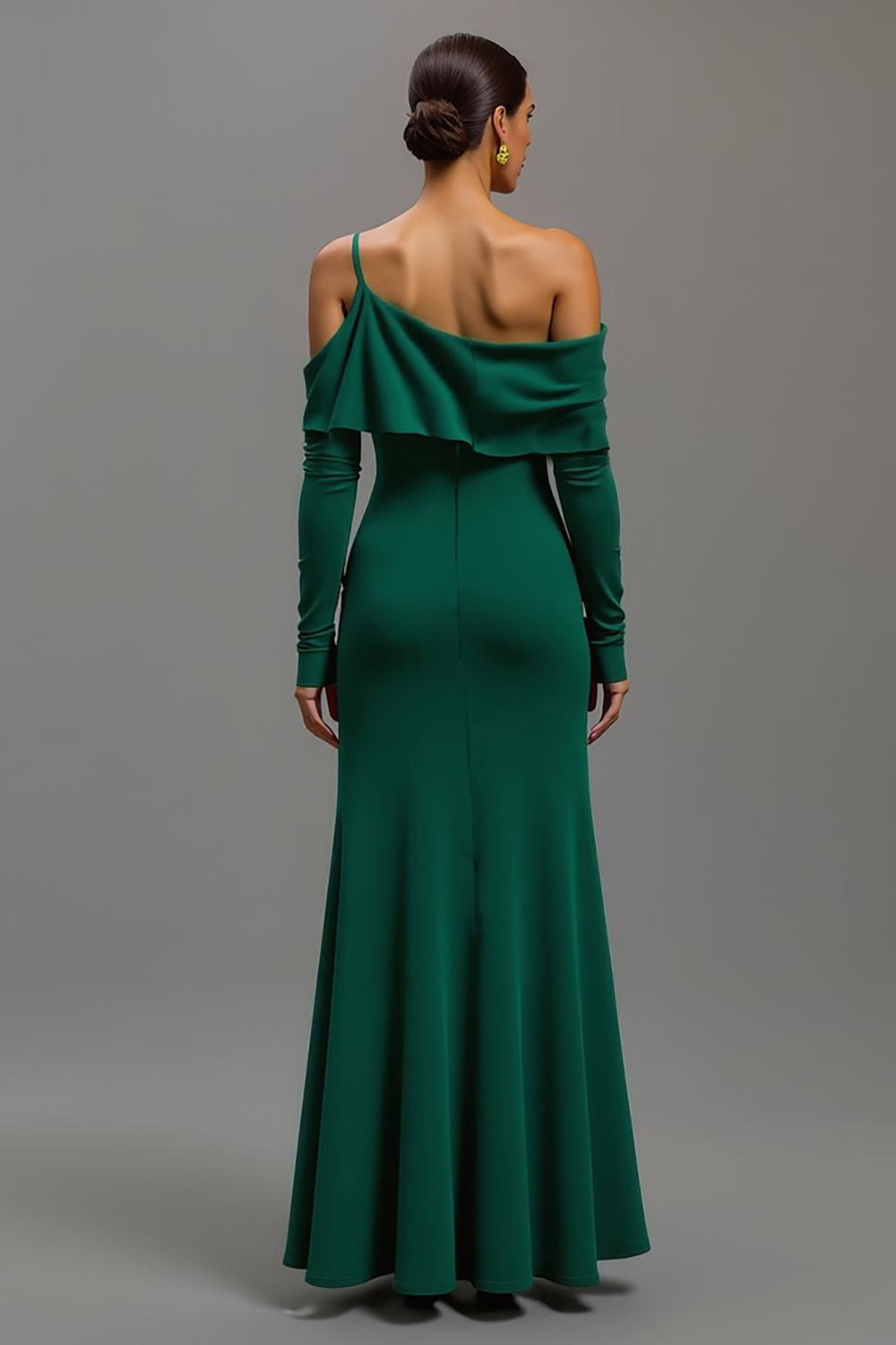 Dark Green High-Low One Shoulder Formal Dress with Sleeves