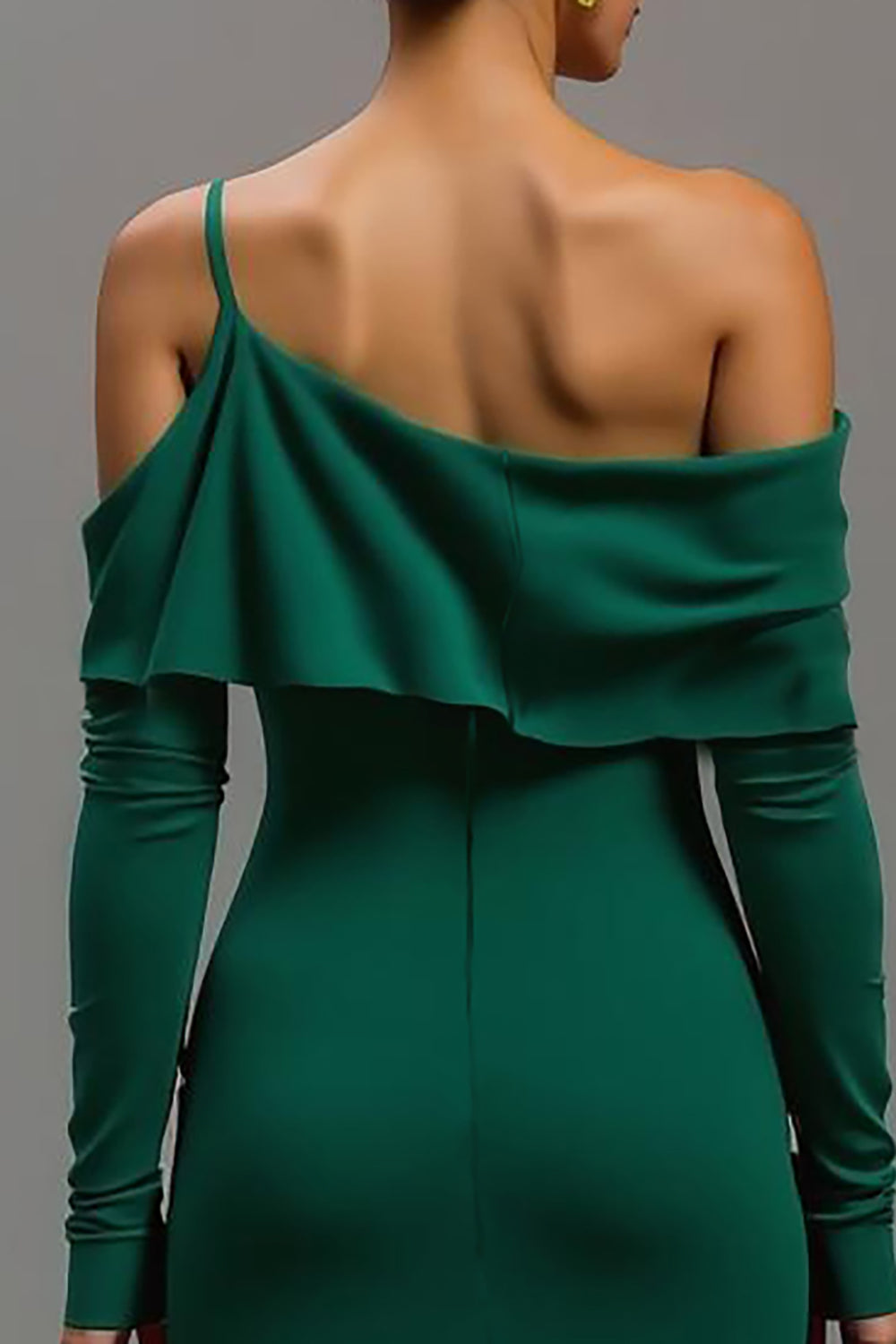 Dark Green High-Low One Shoulder Formal Dress with Sleeves