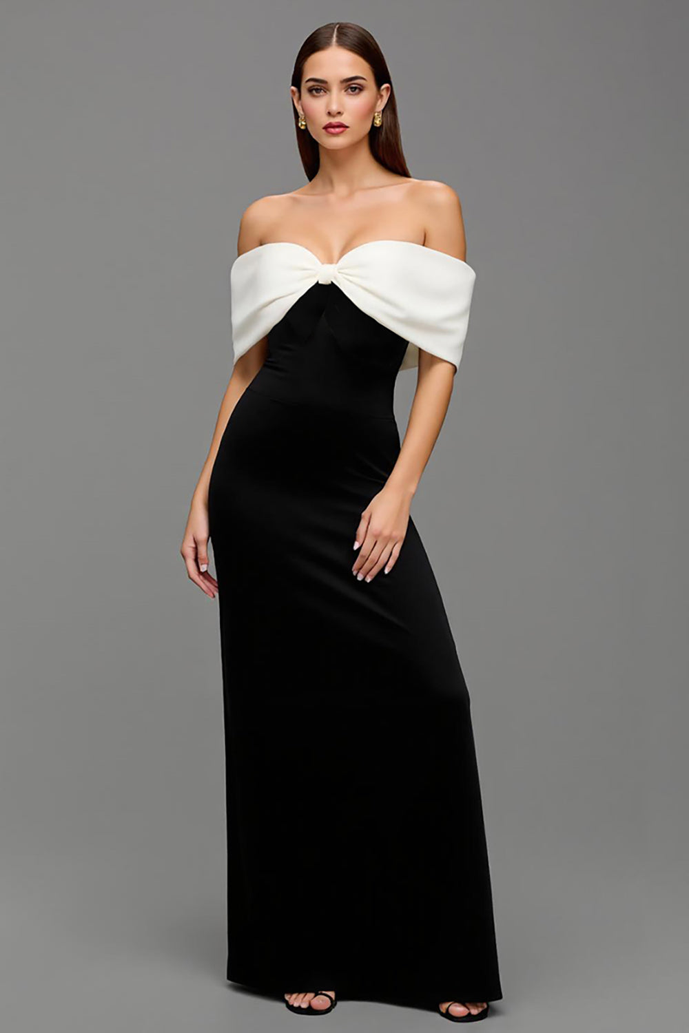 Black and White Off the Shoulder Satin Long Formal Dress