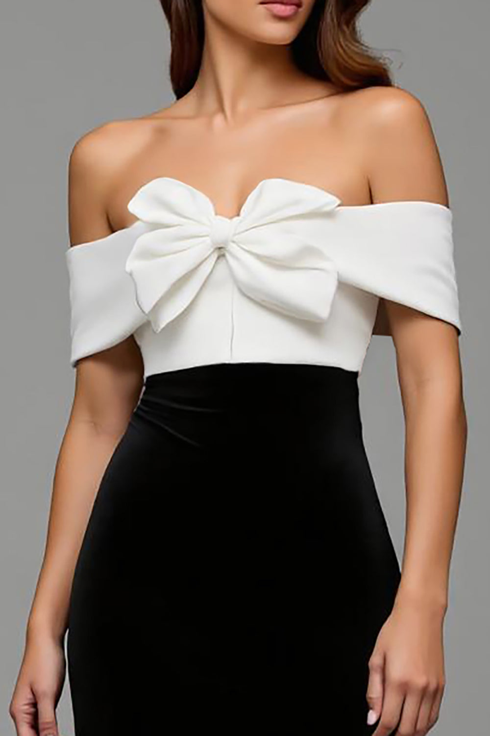 Black and White Satin Sheath Long Formal Dress with Bows