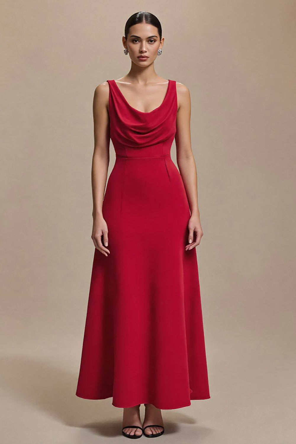 Simple Red Satin Cowl Neck A Line Long Formal Dress