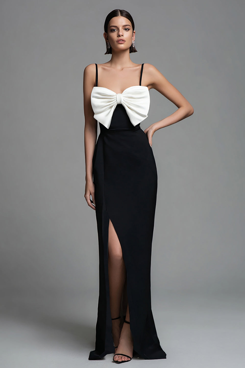 Black and White Bow Sheath Spaghetti Straps Long Formal Dress with Slit